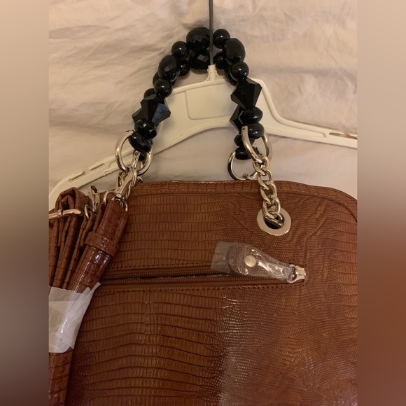 Brown Crocodile Handbag with Black Moissanite Beads Faceted-cut Handle Bag NWOT - Picture 3 of 6